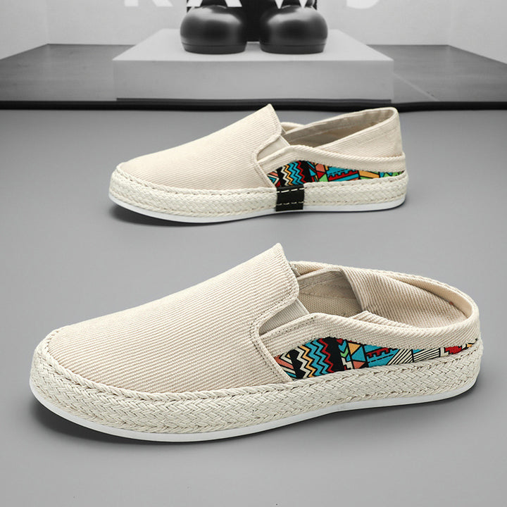 Damen Espadrille-Slipper aus Canvas mit geflochtener Jute-Sohle und farbigem Ethno-Detail Echoarchiv