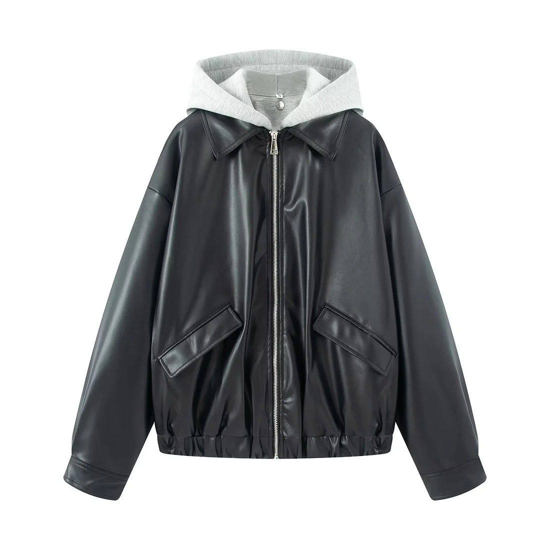 Damen oversized Kunstleder‑Bomberjacke mit integrierter Sweat‑Kapuze, durchgehendem Metallreißverschluss und Pattentaschen – Avenza