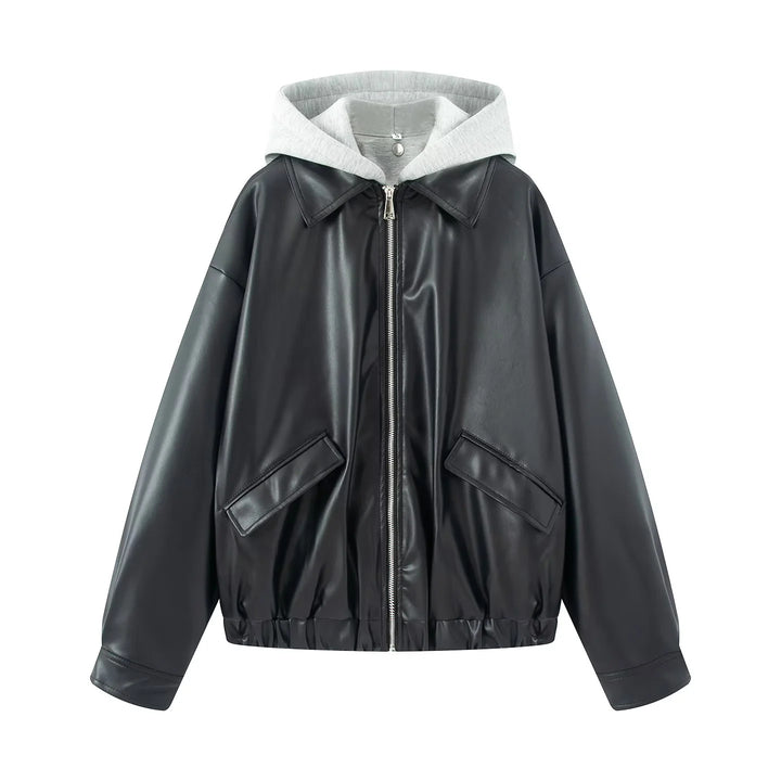 Damen nan oversized Kunstleder‑Bomberjacke mit integrierter Sweat‑Kapuze, durchgehendem Metallreißverschluss und Pattentaschen Echo Archiv