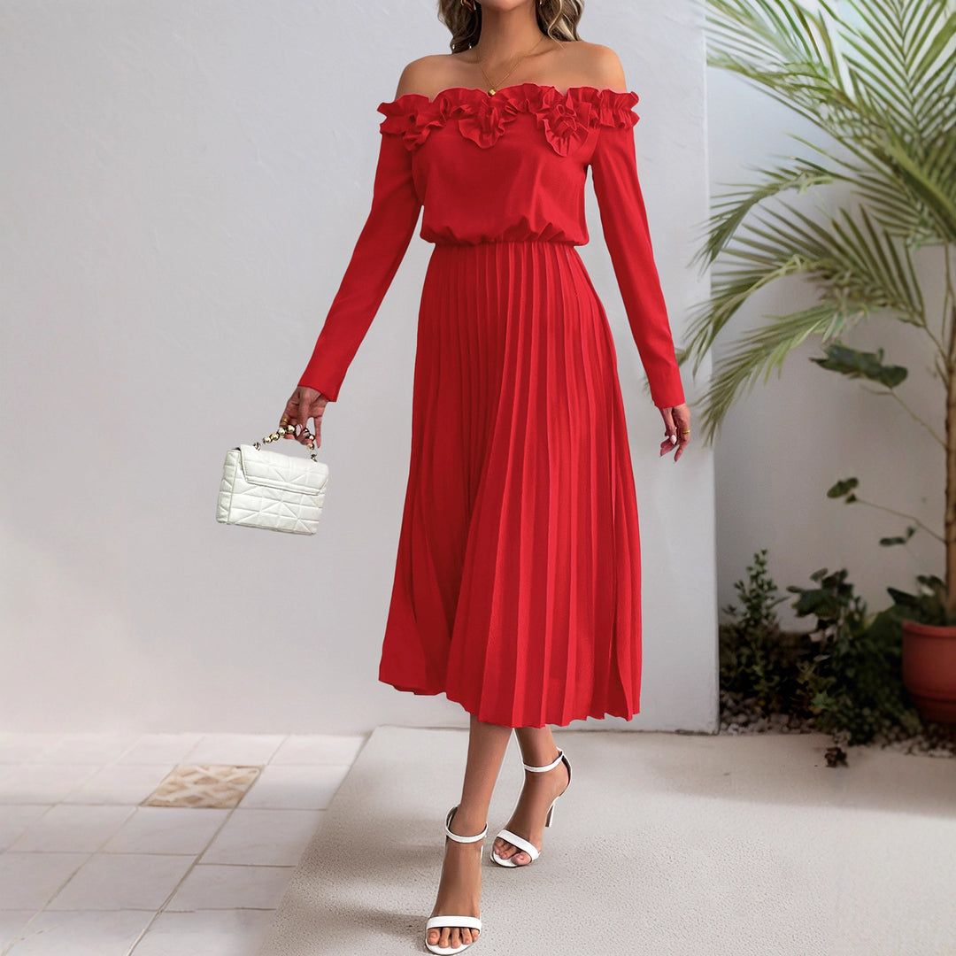 Damen Elegantes Off-Shoulder Plissee Kleid Echo Archiv