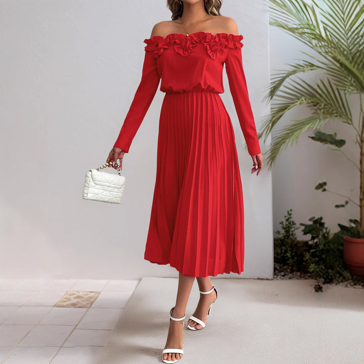 Damen Elegantes Off-Shoulder Plissee Kleid Echo Archiv