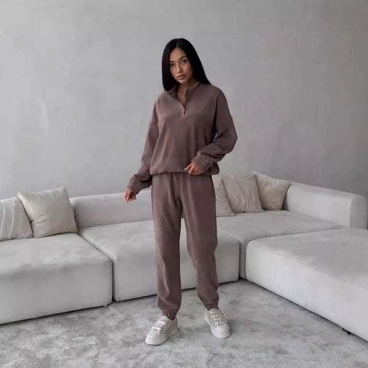 Damen Oversize-Fleece-Set mit Henley-Kragen und weicher Jogginghose Echoarchiv