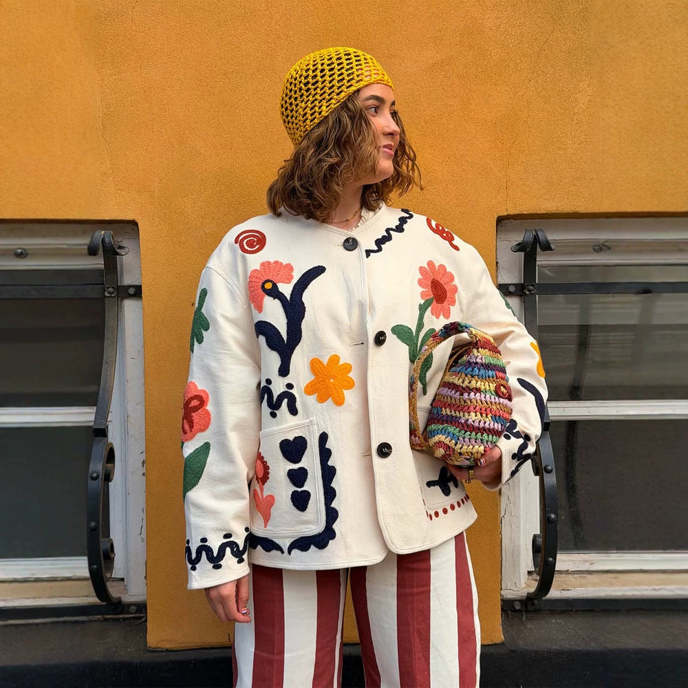 Damen bestickte Boxy-Jacke mit floraler Applikation und aufgesetzten Taschen Echoarchiv