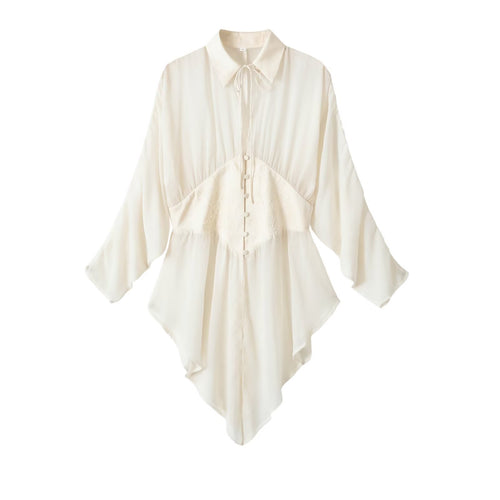 Damen fließende Tunika-Bluse mit geraffter Taille und spitzem Saum Echo Archiv