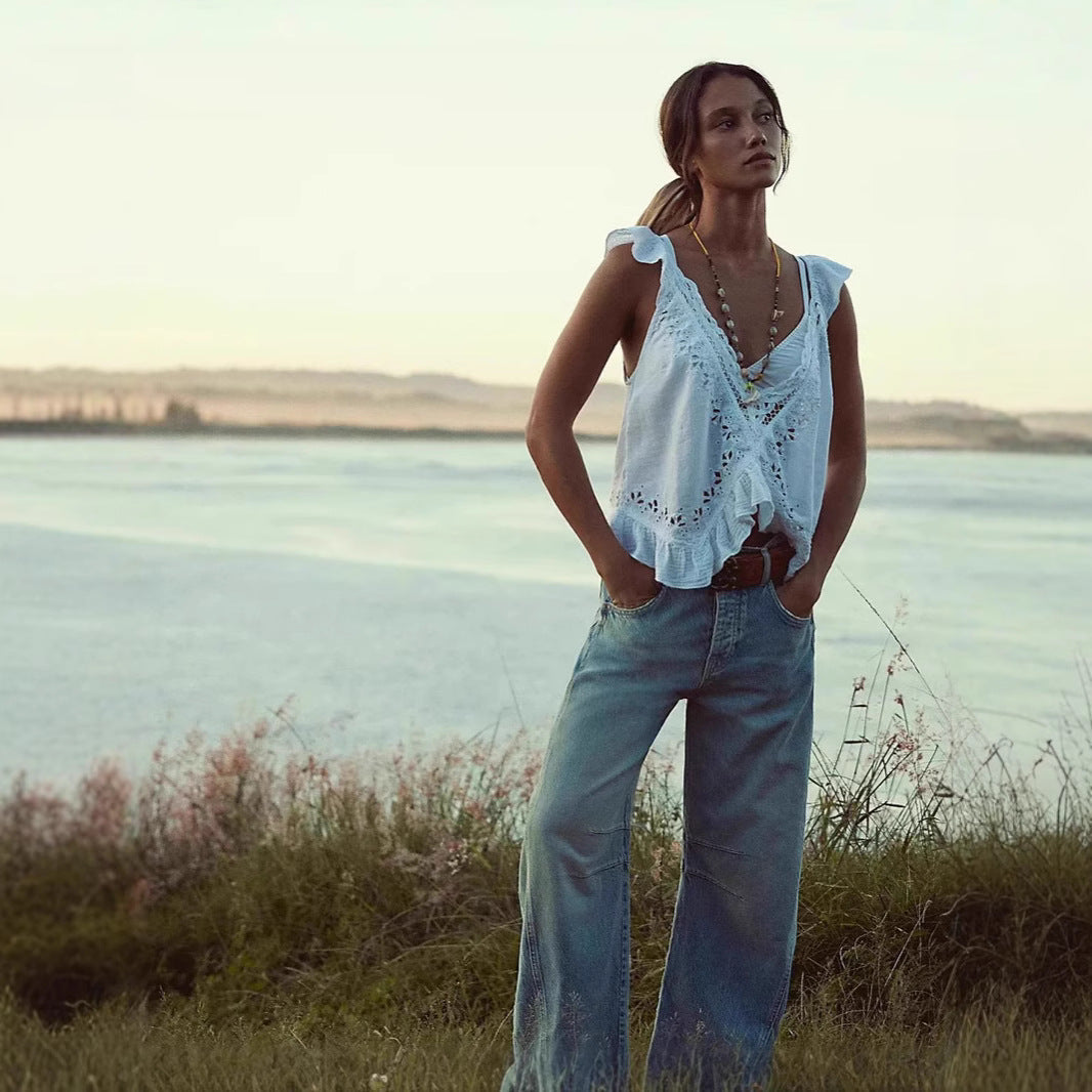 Damen luftiger Leinen-Crop-Top mit Rüschen Echo Archiv