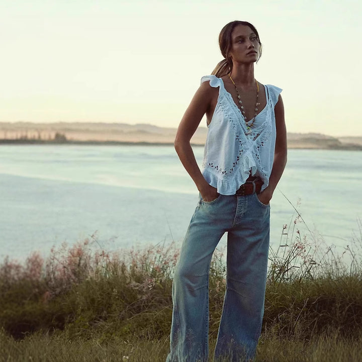 Damen luftiger Leinen-Crop-Top mit Rüschen Echo Archiv