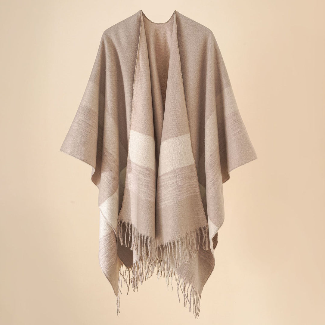 Damen Weit geschnittener Karierter Poncho mit Fransen und V‑Ausschnitt – Avérine