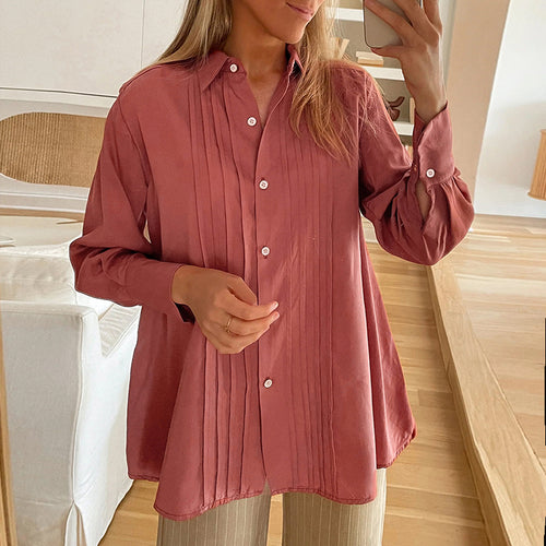 Damen Plissierte Tunika-Bluse mit Hemdkragen und lockerer A-Linien-Silhouette Echoarchiv