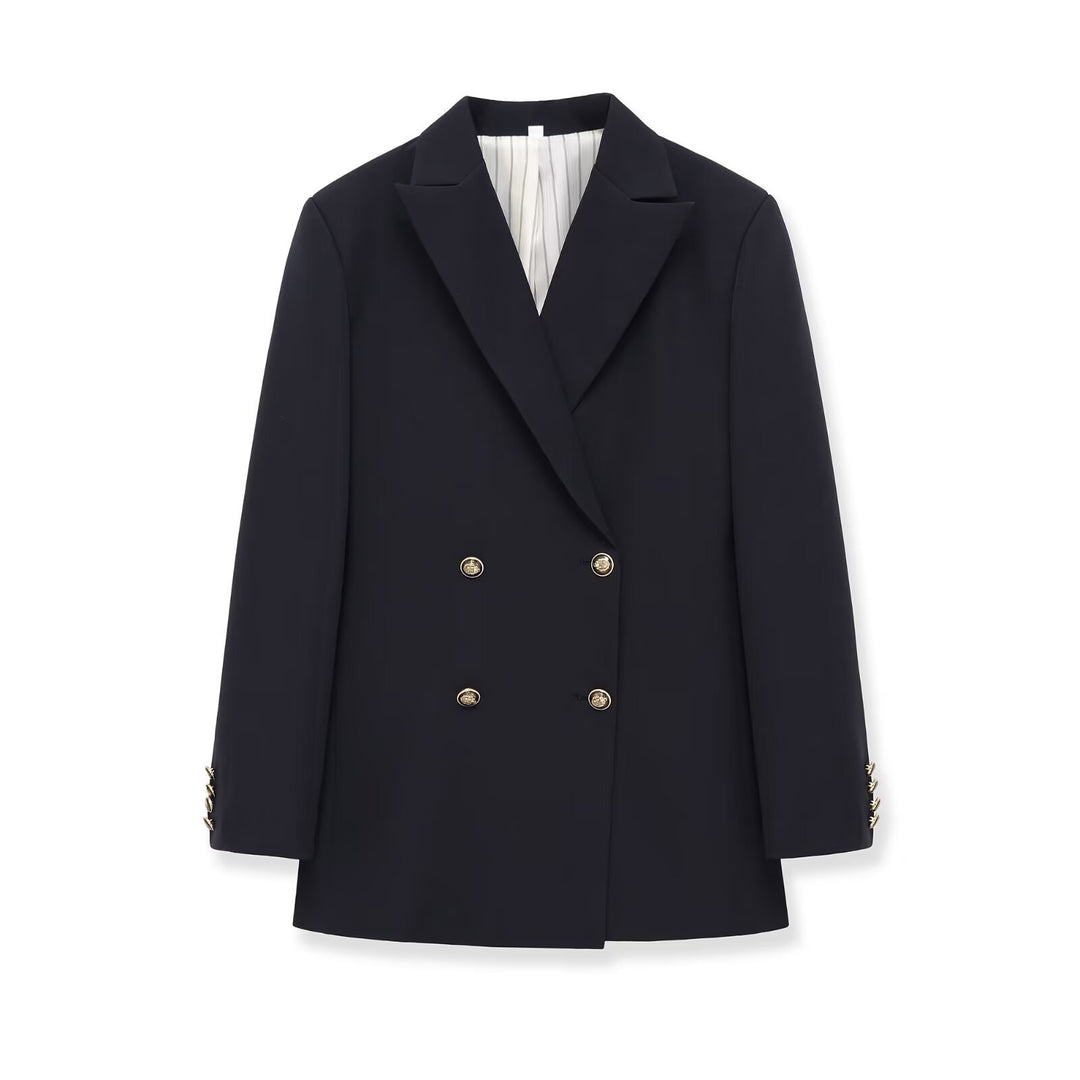 Damen Doppelreihiger Longblazer mit markanten Goldknöpfen und strukturierter Schulter Echo Archiv
