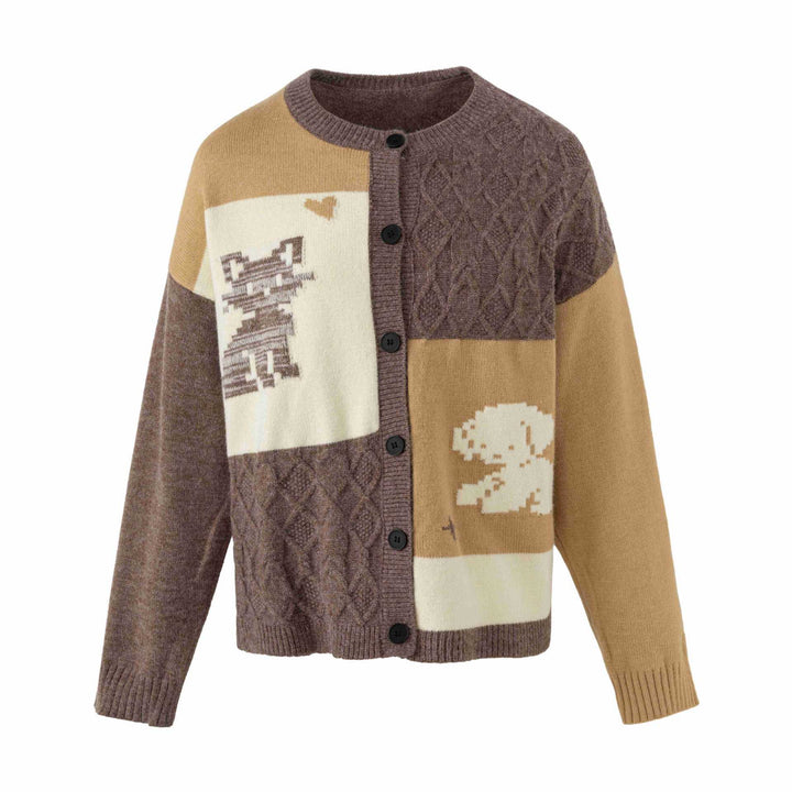 Damen Strickcardigan im Patchwork‑Look mit Zopfmuster und Rundhalsausschnitt Echoarchiv