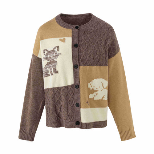 Damen Strickcardigan im Patchwork‑Look mit Zopfmuster und Rundhalsausschnitt Echoarchiv