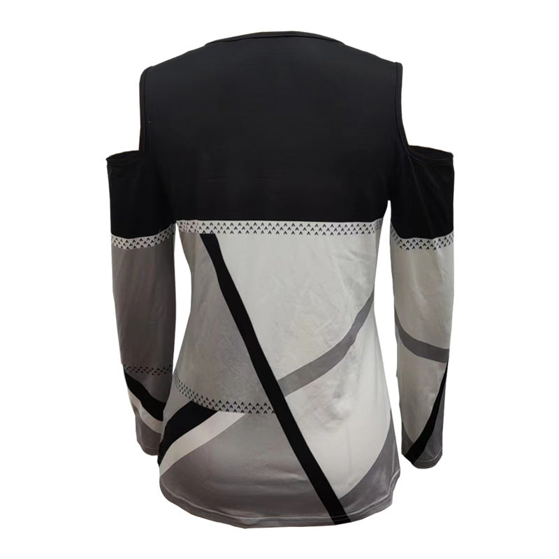 Damen Cold-Shoulder Langarmshirt mit grafischem Blockmuster und Metallring – Avérine