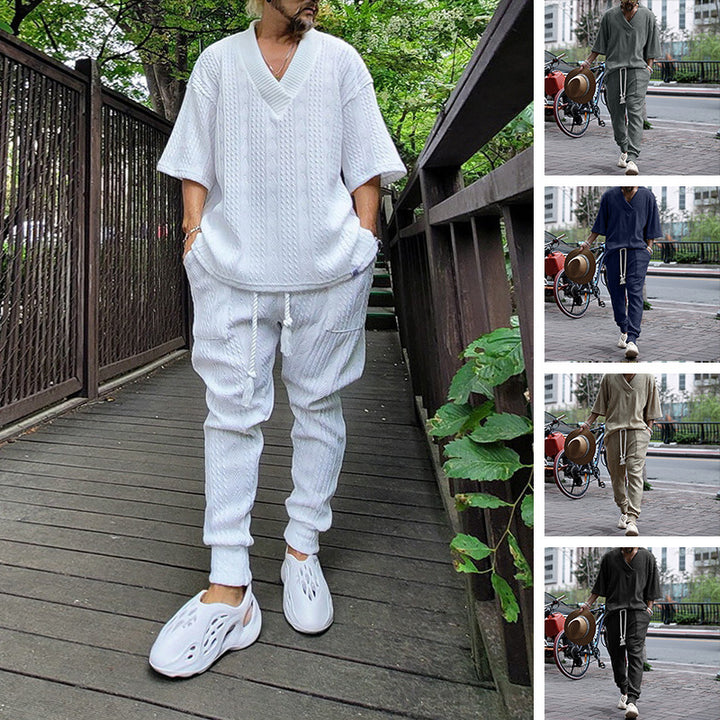 Herren Grobgestricktes Lounge-Set mit tiefem V‑Ausschnitt und Kordelzug-Jogger Echoarchiv