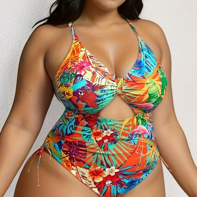 Damen Einteiliger Badeanzug mit exotischem Schnitt und buntem Tropen-Design Echo Archiv