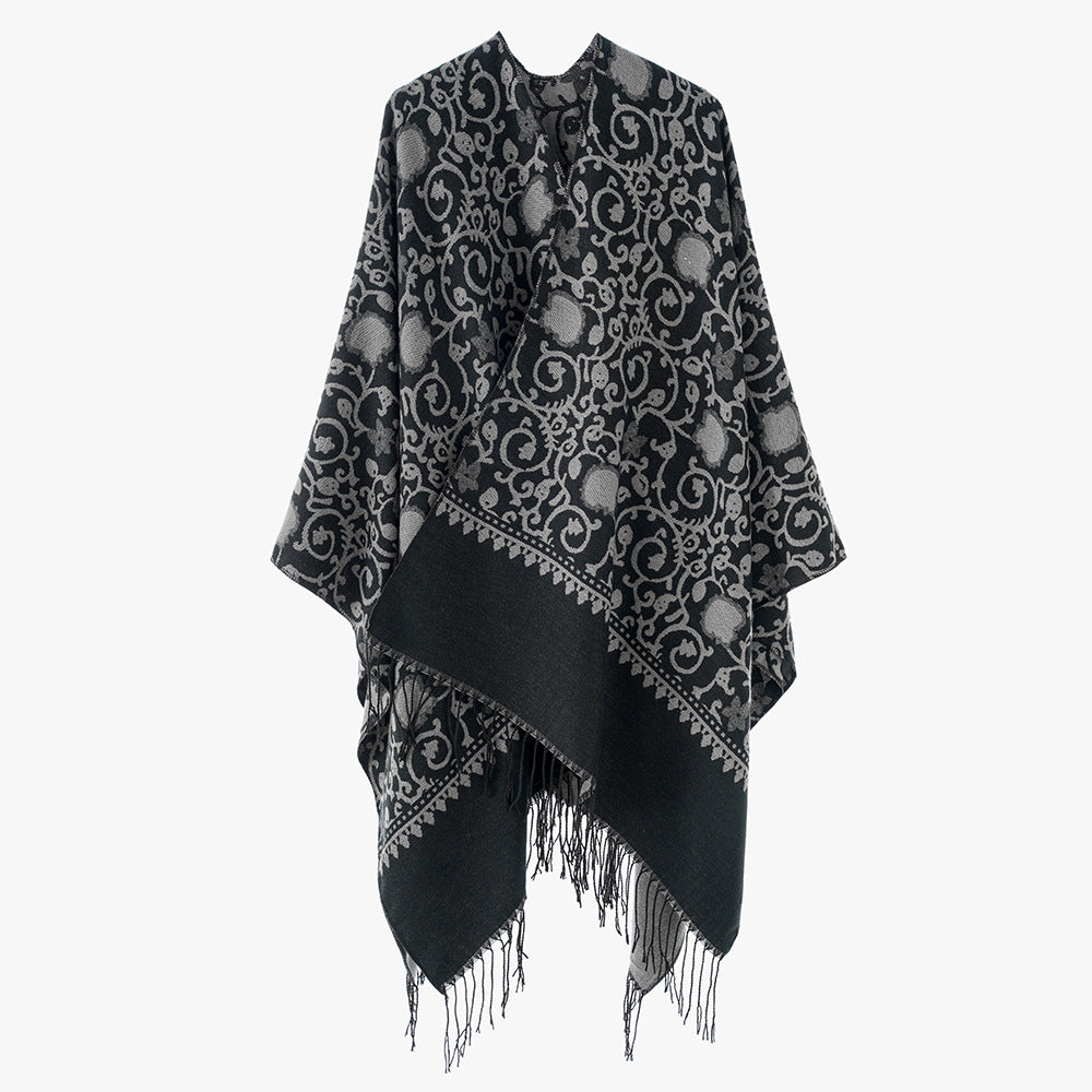 Damen Jacquard-Ruana mit ornamentalem Bordürenmuster und Fransensaum – Avérine