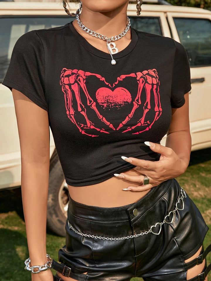 Damen Crop-Top mit kreativem Skeletthand-Motiv Echo Archiv