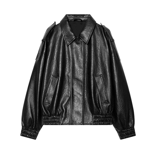 Damen Kurzes glänzendes Biker-Blouson aus veganer Lederoptik mit Ballonärmeln Echoarchiv