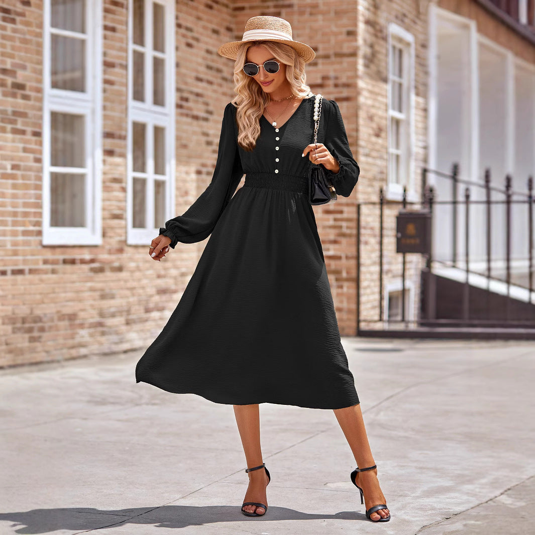Damen Midikleid mit V-Ausschnitt, geraffter Smock-Taille und Knopfleiste – Élara