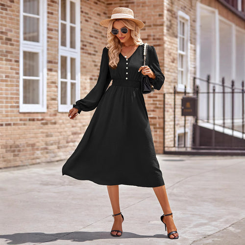 Damen Midikleid mit V-Ausschnitt, geraffter Smock-Taille und Knopfleiste – Élara
