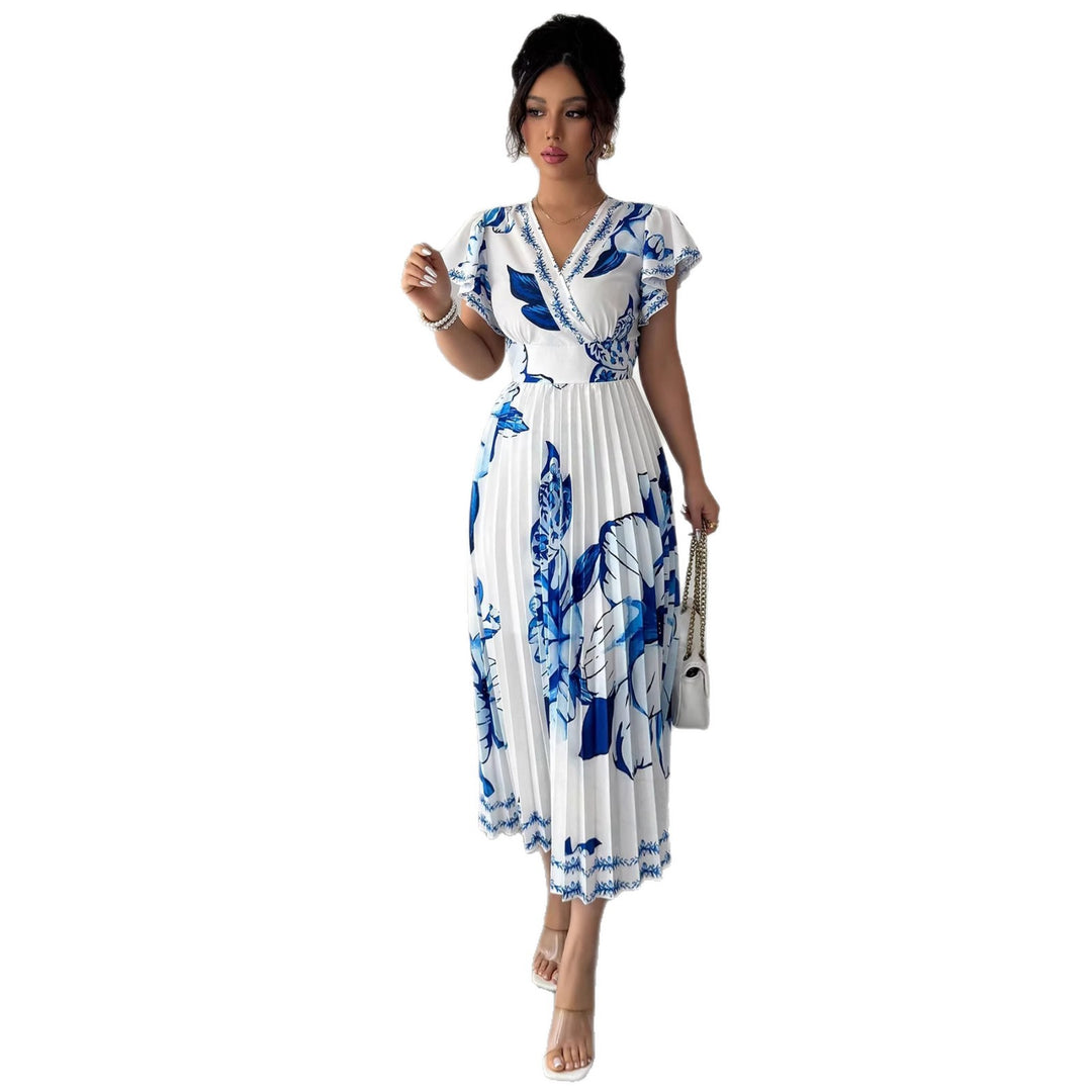 Damen Plissiertes Maxi-Jersey-Kleid mit floralen Akzenten und V-Ausschnitt Echo Archiv