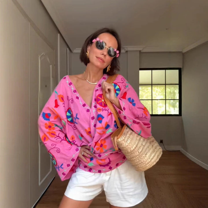 Damen Bestickte Kimono-Jacke mit Bindeband und Blumenapplikation Echoarchiv