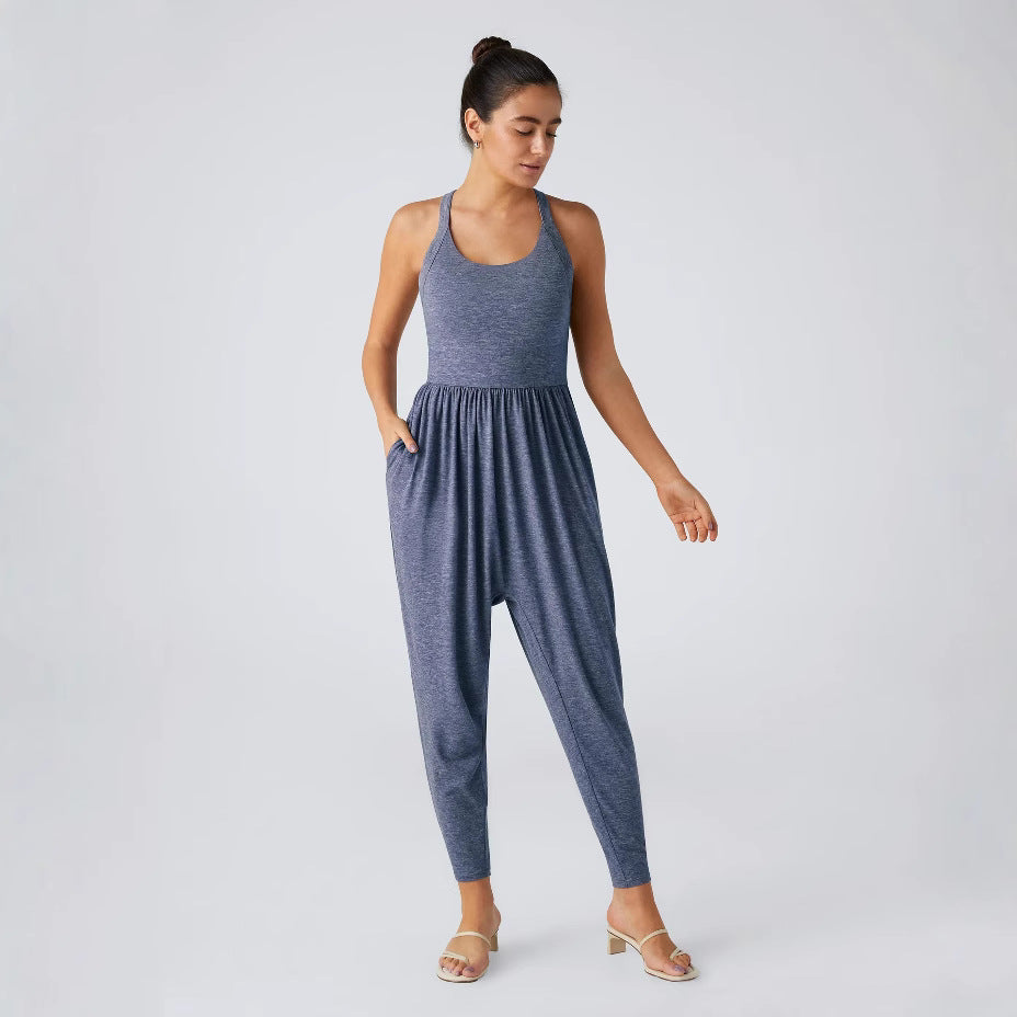 Damen nan lässiger Jersey-Overall mit Racerback, smockierter Taille und seitlichen Eingrifftaschen Echo Archiv