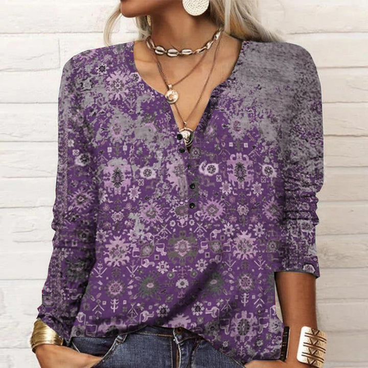 Damen Lockeres Langarm‑Henleyshirt mit V‑Ausschnitt, Knopfleiste und Ombre‑Print – Avérine