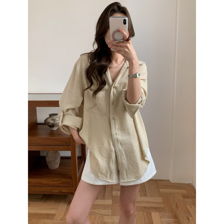 Damen Lässiges Leinenoptik-Longshirt mit Oversize-Schnitt und Brusttasche Echoarchiv