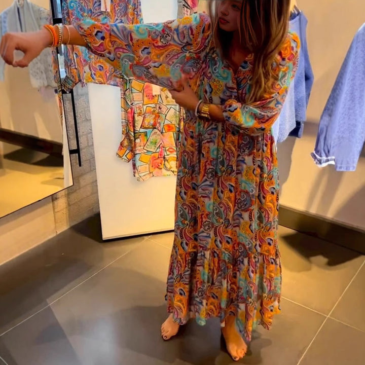 Damen nan Stufenmaxikleid im Boho-Stil mit Paisley-Print, V-Ausschnitt, geraffter Empire-Taille und elastischen Manschetten Echo Archiv
