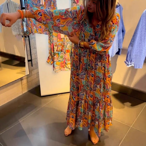 Damen nan Stufenmaxikleid im Boho-Stil mit Paisley-Print, V-Ausschnitt, geraffter Empire-Taille und elastischen Manschetten Echo Archiv