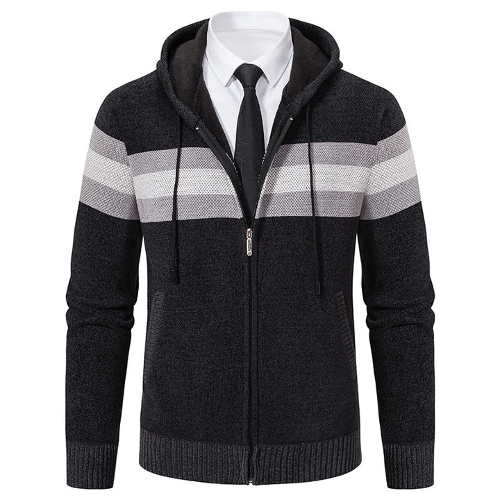 Herren Gestrickte Kapuzen-Strickjacke mit Kontraststreifen und Reißverschluss Echo Archiv