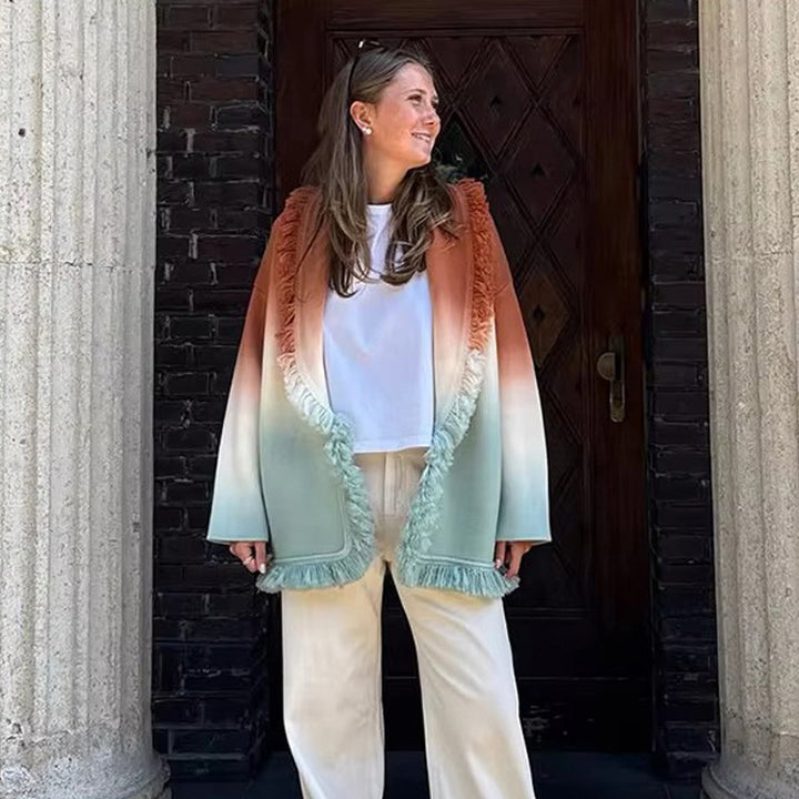 Damen Farbverlauf-Strickcardigan mit Fransen und Schalkragen Echoarchiv