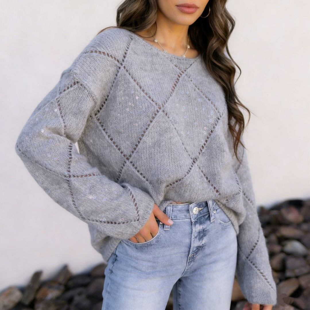 Damen Grobgestrickter Oversize-Pullover mit Ajour‑Rautenmuster und Pailletten – Mavelle