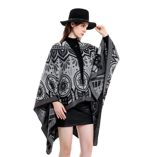 Damen Wollmix-Umhangponcho mit ornamentaler Jacquardstruktur und offenem Fall – Montévia