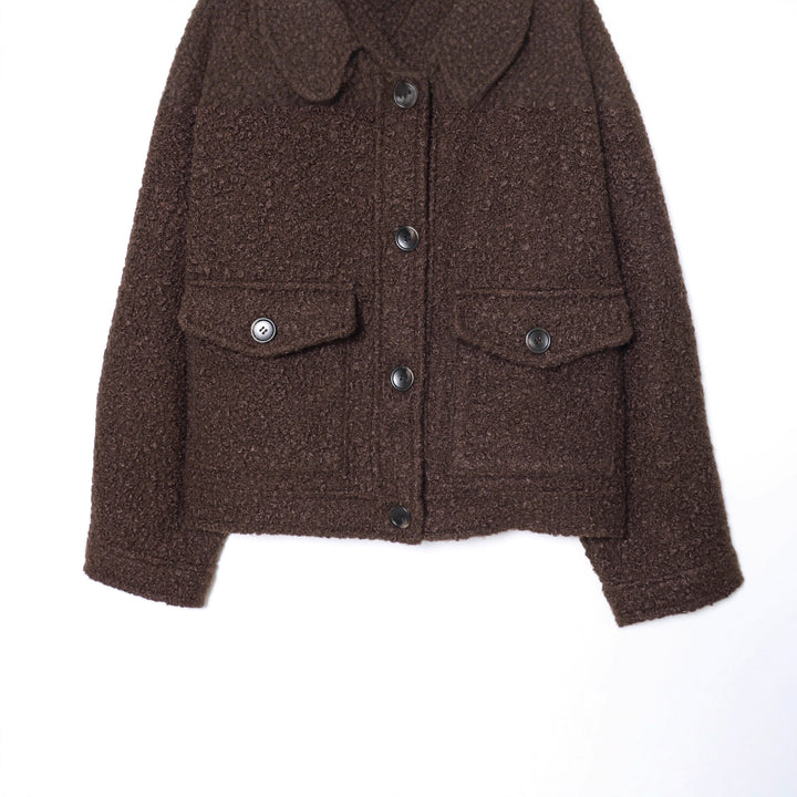 Damen cropped Bouclé‑Jacke mit abnehmbarem Kunstfellkragen, kastiger Silhouette und Pattentaschen – Célinea