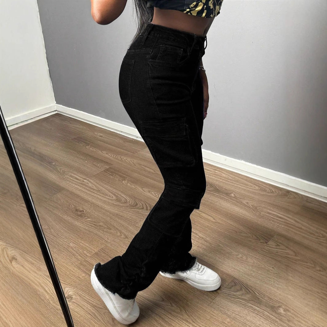 Damen Hochtaillierte Cargo-Jeans mit Mehrfach-Pattentaschen und langem Bein Echo Archiv