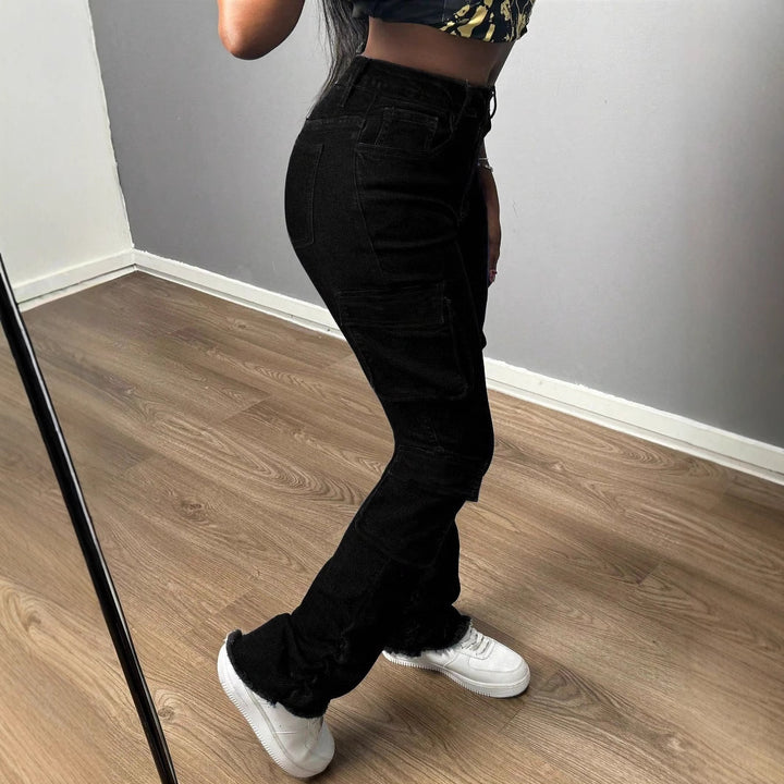 Damen Hochtaillierte Cargo-Jeans mit Mehrfach-Pattentaschen und langem Bein Echo Archiv