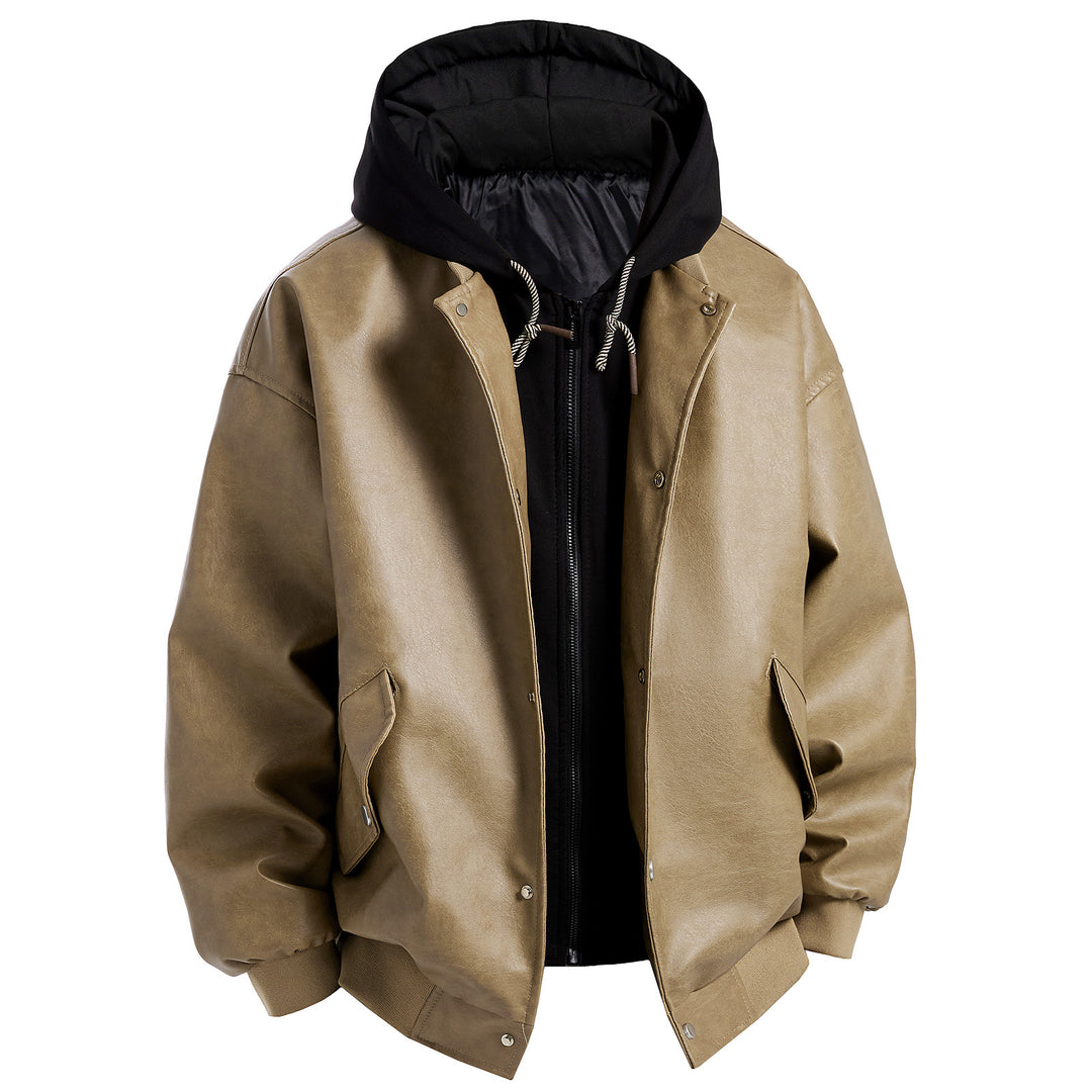 Herren Kunstlederjacke im oversized Schnitt mit abnehmbarer Kapuze Echoarchiv