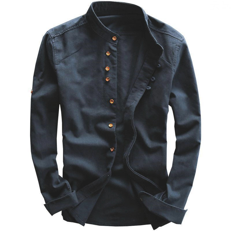 Herren Leichtes Baumwoll-Leinen Overshirt mit Stehkragen und Knopfleisten-Detail Echoarchiv
