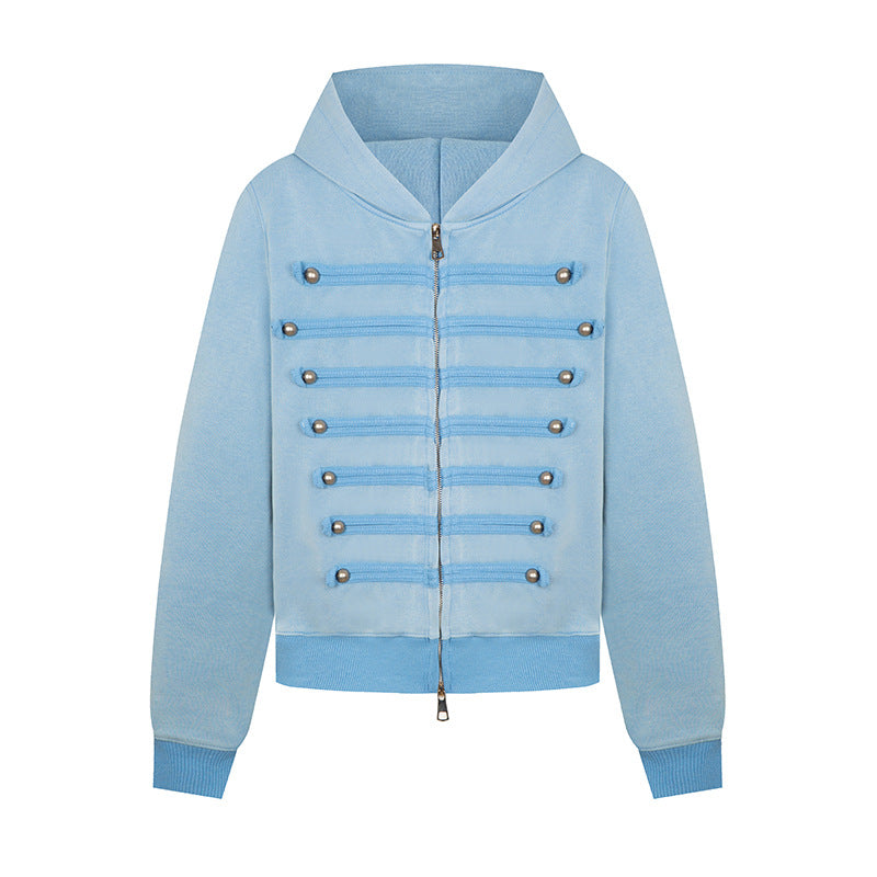 Damen Kapuzen-Sweatjacke im Military-Style mit Zierkordeln und Metallknöpfen Echoarchiv