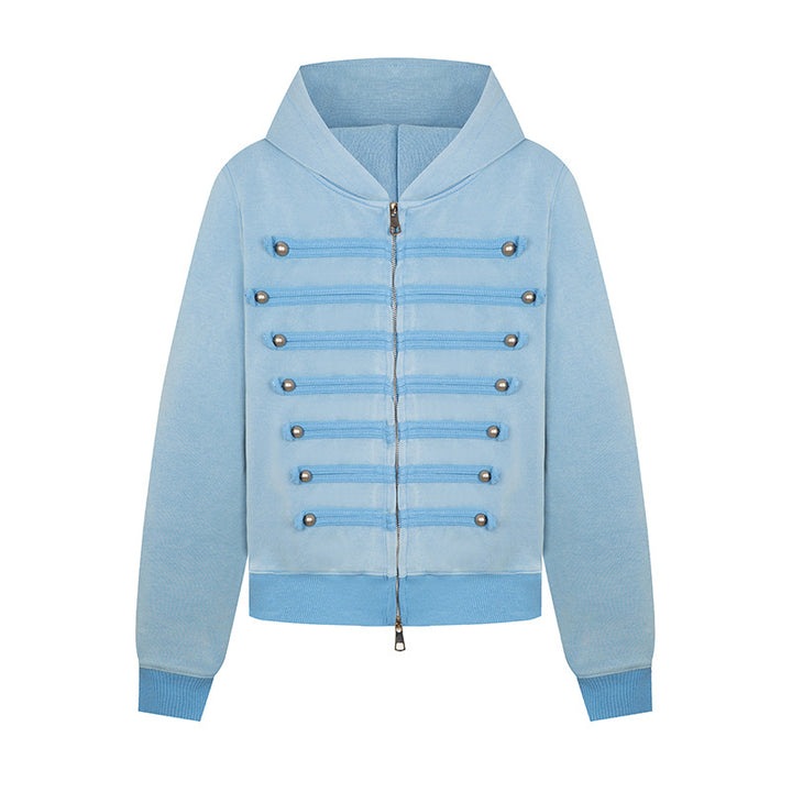 Damen Kapuzen-Sweatjacke im Military-Style mit Zierkordeln und Metallknöpfen Echoarchiv