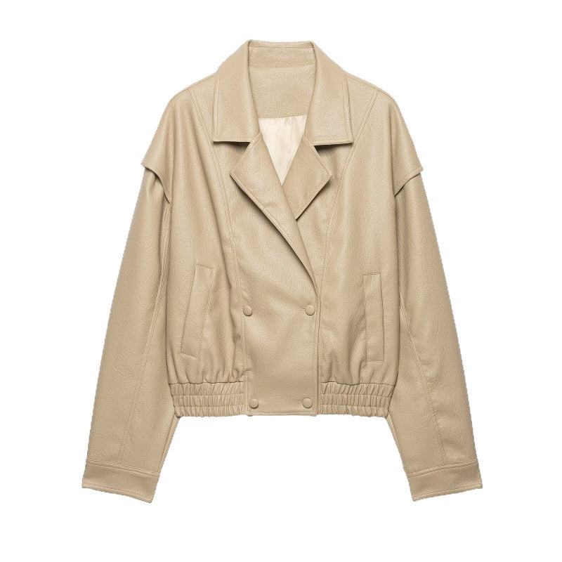Damen Cropped Lederimitat-Blouson mit doppelreihiger Knopfleiste, weitem Revers und elastischem Saum Echo Archiv