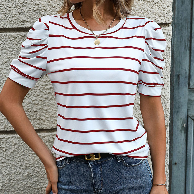 Damen T-Shirt mit Dekorativen Puffärmeln und Modernem Streifenmuster Echoarchiv