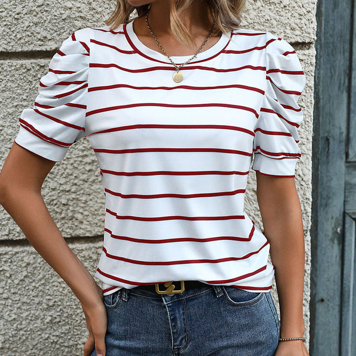 Damen T-Shirt mit Dekorativen Puffärmeln und Modernem Streifenmuster Echoarchiv