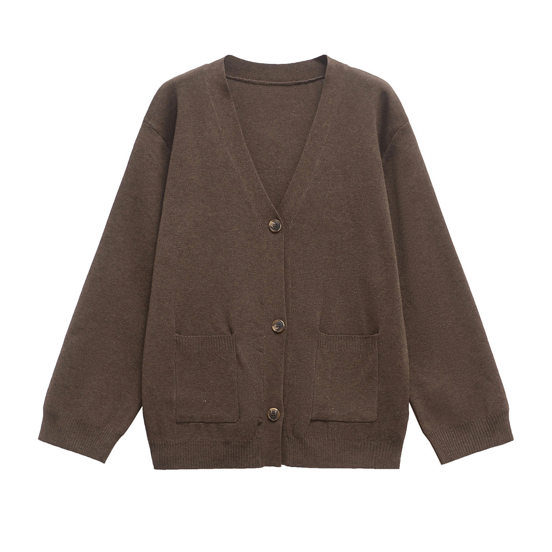 Damen Oversize Strickcardigan mit V‑Ausschnitt und aufgesetzten Taschen Echoarchiv