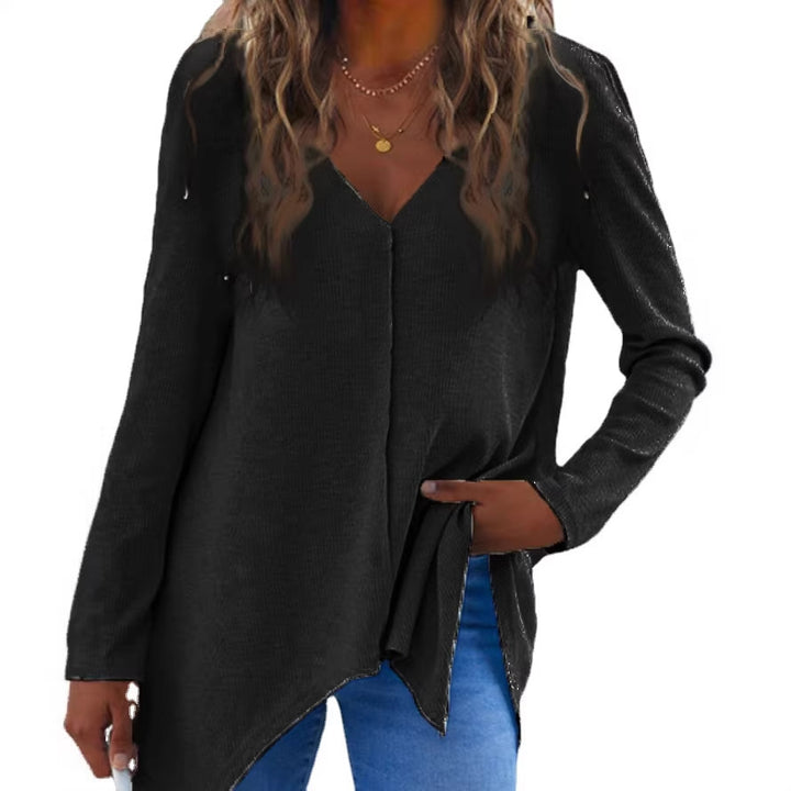 Damen V-Ausschnitt Feinstrick-Tunika mit asymmetrischem Saum und seitlichem Schlitz Echoarchiv