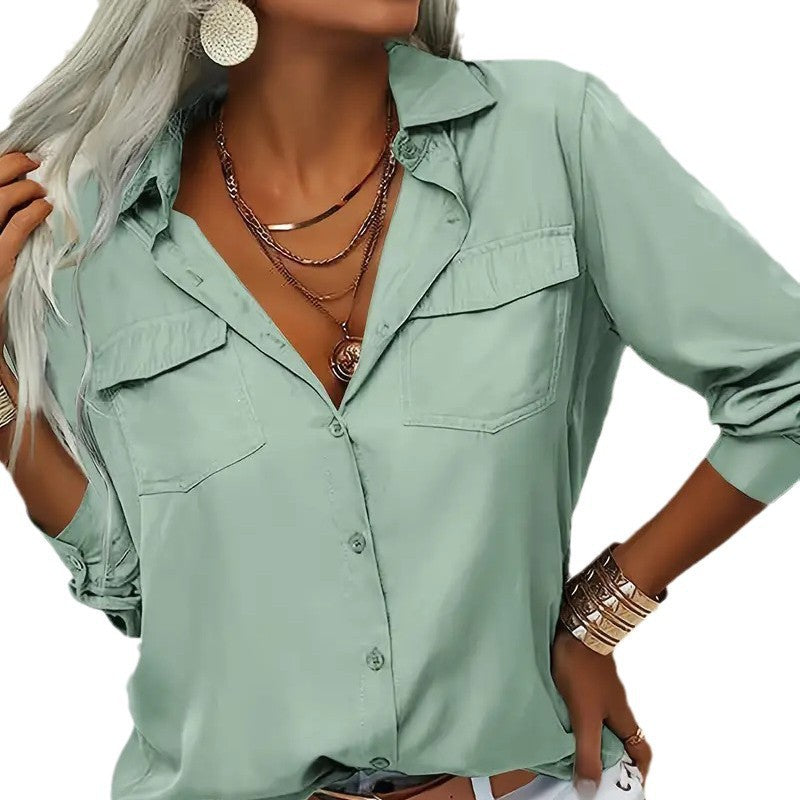 Damen nan leichte V-Ausschnitt Chiffonbluse mit Brusttaschen und geknöpftem Frontverschluss Echo Archiv