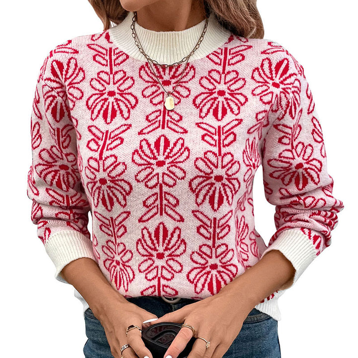 Damen GEchoarchivlümter Jacquard-Strickpullover mit Rundhalsausschnitt und gerippten Bündchen Echoarchiv