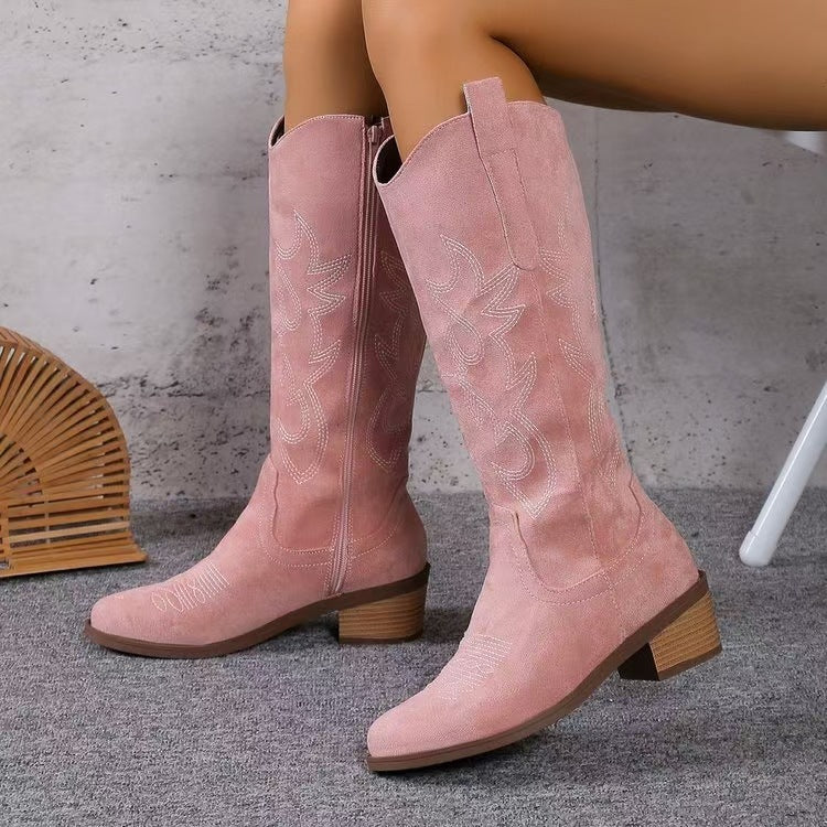 Damen nan Kniestiefel im Westernstil mit mittelhohem Blockabsatz seitlichem Reißverschluss und gesticktem Wildlederfinish Echo Archiv