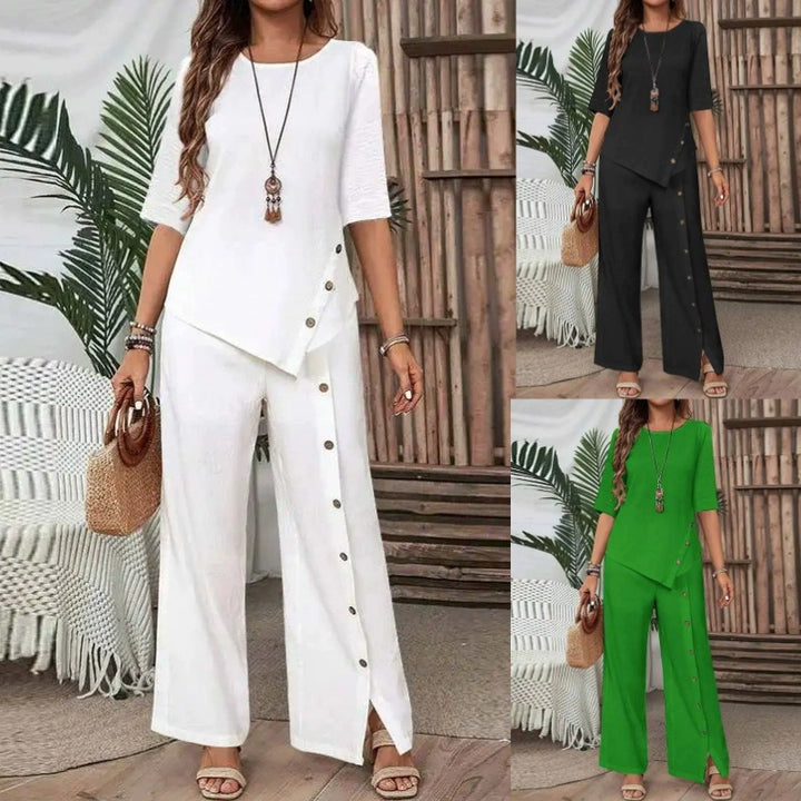 Damen asymmetrisches zweiteiliges Lounge-Set mit 3/4-Ärmeln und seitlicher Knopfverzierung Echoarchiv